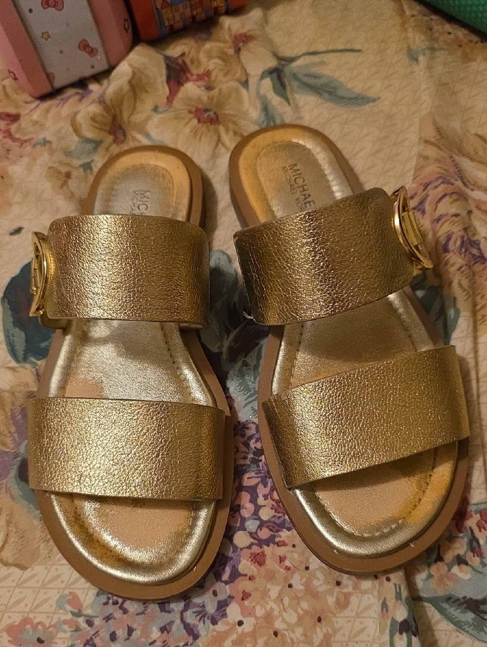 Michael Kors Girls Gold Double-Strap Slide Sandals
